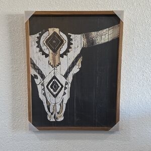 Tribal Longhorn Skull Black Rustic Bull Skull Wall Art 16" X 20"
